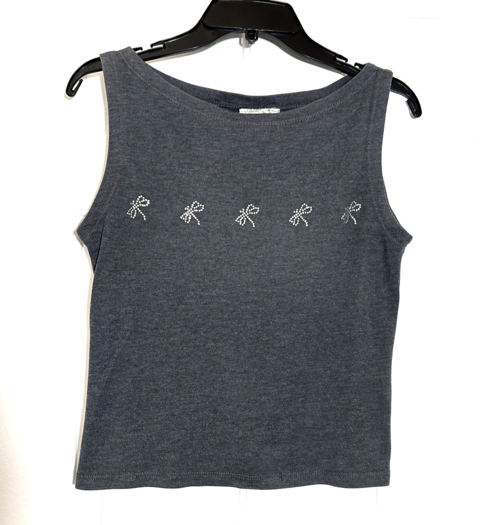 VTG Y2K Cache Gray Rhinestone embellished Dragonfly Motif tank top Glam Luxe M